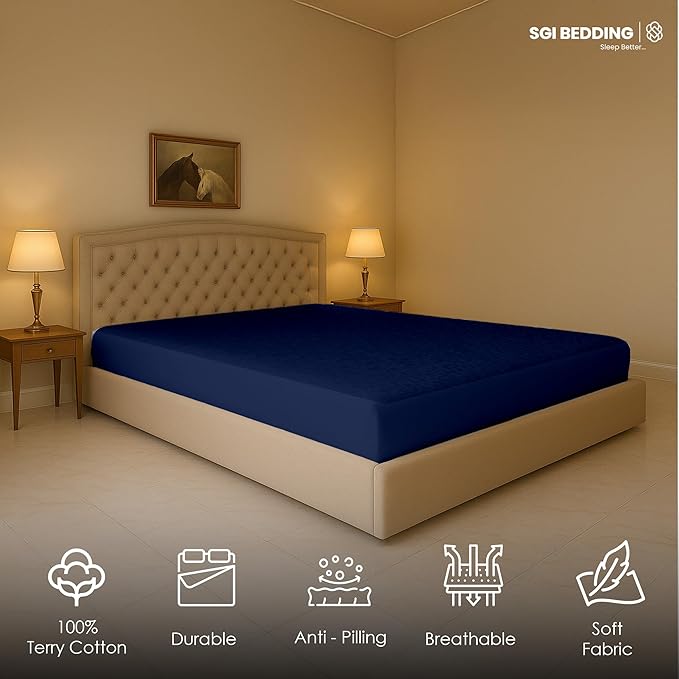 SGI bedding Waterproof Alaskan King 108" x 108" Extra Large Bed Mattress Pad Cover, 18" Deep Pocket, Soft Noiseless & Breathable Fitted Sheet Style Mattress Protector – Navy Blue