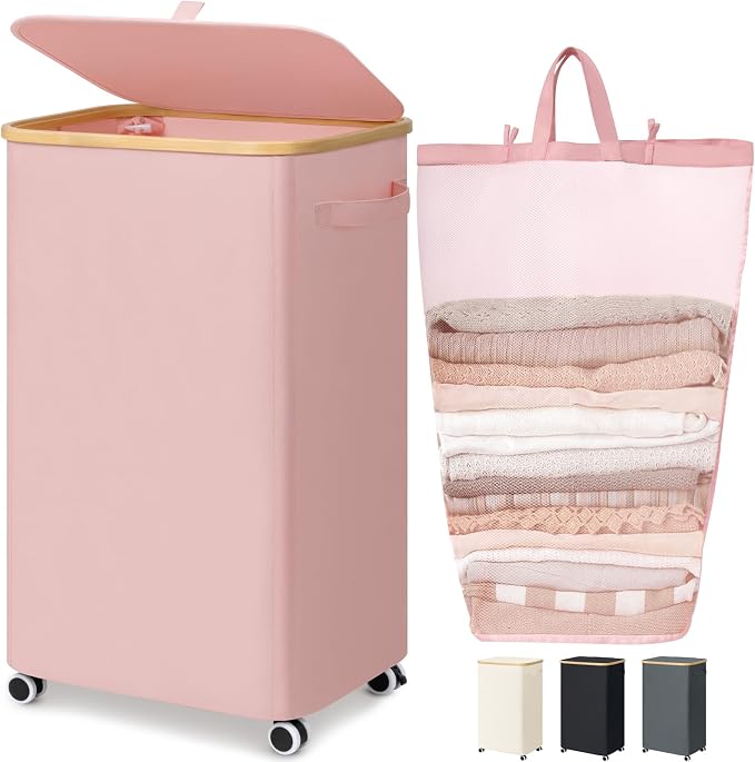 Goodpick Laundry Basket with Wheels, Collapsible Clothes Hampers with Removable Laundry Bag 100L Large Rolling Hamper with Lid for Bedroom, Bathroom, Pink by Goodpick