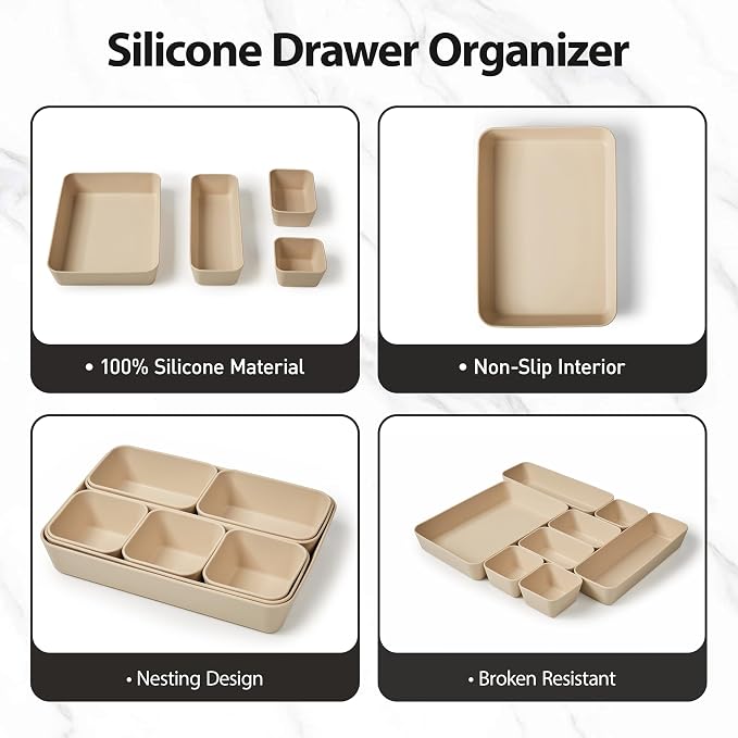 ISSEVE 8Pcs Nesting Silicone Drawer Organizer Trays, 4 Size Versatile Vanity Bathroom & Desk Drawer Organizer Set Storage Bins for Office,Kitchen,Nightstand,Beige - Image 8