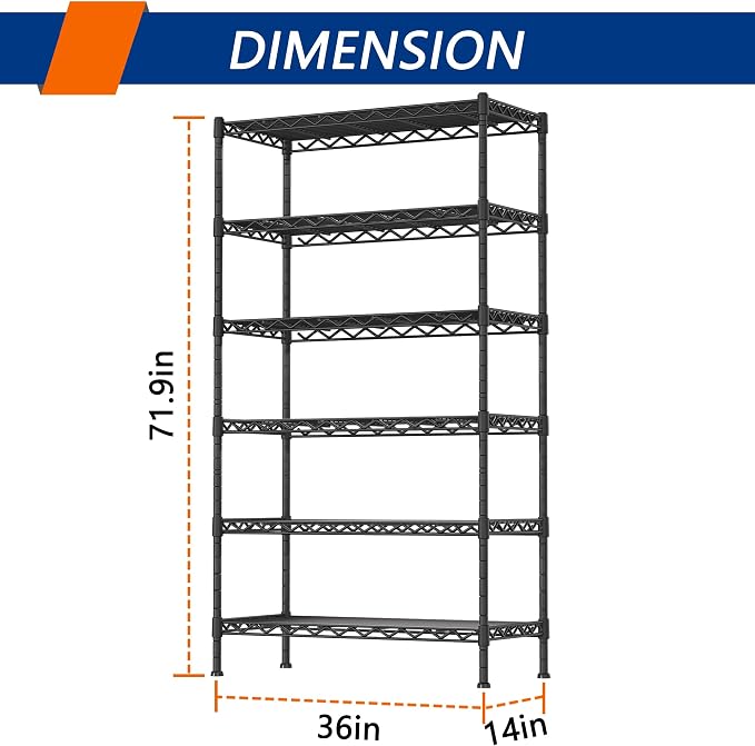 Soywey 6-Shelf Adjustable Heavy Duty Storage Shelving Unit, Metal Organizer Wire Rack for Laundry Bathroom Kitchen Pantry Closet No Wheels, Black - Image 3