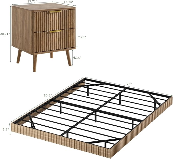 LYNSOM 3 Pieces King Bedroom Set, Floating Bed Frame with Smart LED Lights & Nightstand Set of 2, Fluted Bedroom Furniture Set for Home, Bedroom, Walnut