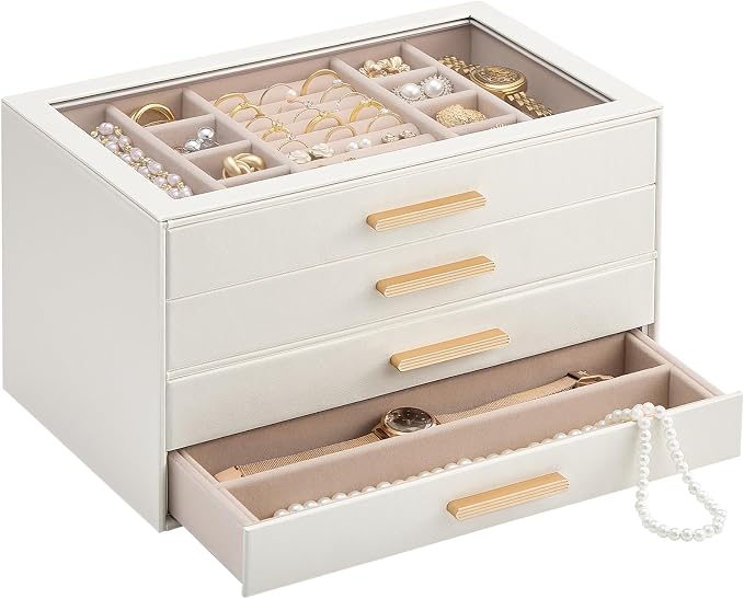 Lolalet Jewelry Box Organizer, 4-Layer Jewelry Organizers and Storage Case with Glass Lid, Ring Earring Bracelet Necklace Holder Organizer, Birthday Valentine Gifts for Women Girls -4Layer, Beige by Lolalet