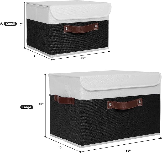 ANMINY 2PCS Storage Boxes with Lid Washable Decorative Storage Bins Basket with PU Leather Handle Foldable Linen Fabric Storage Cubes Containers for Home Closet Organizer - Black White, Small Size - Image 5
