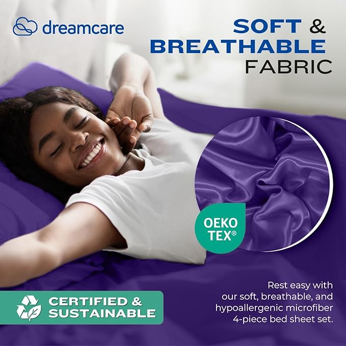 DREAMCARE Twin XL Sheet Sets - 4 pcs Breathable Cooling Bed Sheets - up to 15" Deep Pocket Twin XL Sheets Set with Side Pockets - Extra Soft 100% Brushed Hypoallergenic Hotel Luxury Bedding - Purple