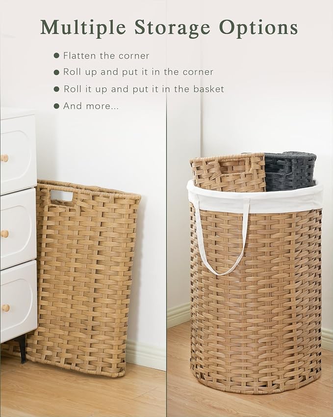 SETVSON Laundry Hamper with Lid 23.8 Gal (90 L) Round Laundry Basket with Lid Handwoven Clothes Hamper Removable Bag 2 Mesh Bags Rattan Woven Basket Handles for Bathroom Living Room Natural - Image 5