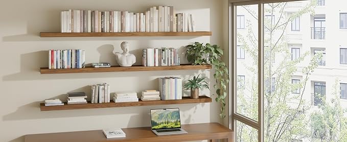 ROGMARS 72 Inches Long Walnut Floating Shelves,Rustic Solid Wood Farmhouse Wall Shelves with Invisible Brackets for Bathroom, Living Room, Bedroom, Kitchen Set of 3 - Image 5