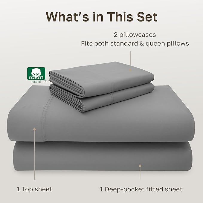 California Design Den Queen Size Sheet Set - 100% Cotton, Luxury 600 Thread Count Deep Pocket Queen Sheets, Durable Bedding with Sateen Weave - Mist Grey