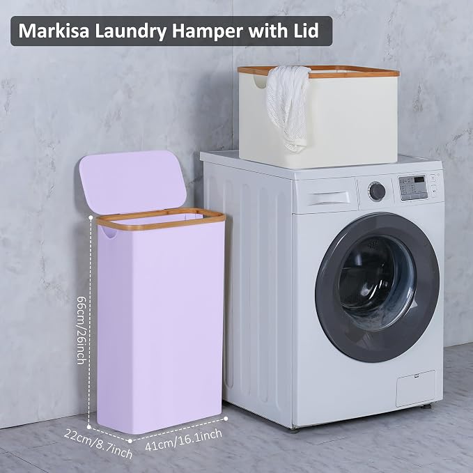Slim Laundry Basket,60L Laundry Hamper with Lid, Tall Hamper for Laundry,Dirty Cloth Hamper with Bamboo Handle for Toys,Towels, Clothes Organizing,Purple - Image 3