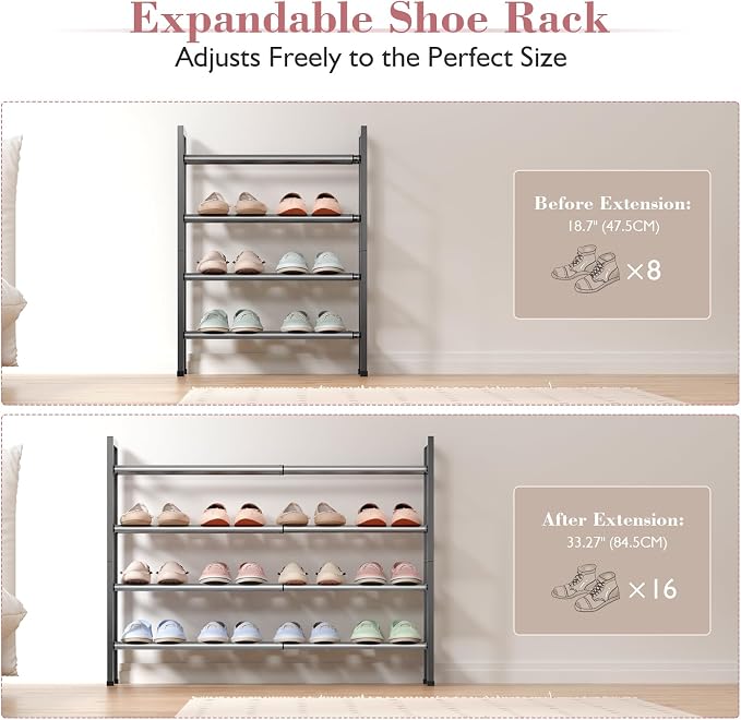Bumusty 4-Tier Expandable Shoe Rack for Closet, 18“-33” Adjustable Shoe Rack for Small Space, Small Shoe Organizer for Front Door, Sturdy Metal, Gray - Image 5