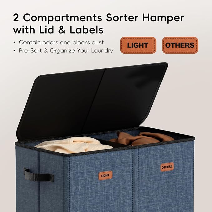 150L Double Laundry Hamper With Lid, Large Clothes Hampers with Removable Bag, Laundry Hamper 2 Section for Bathroom, Bedroom, Laundry Room, Dorm, Navy Blue - Image 5