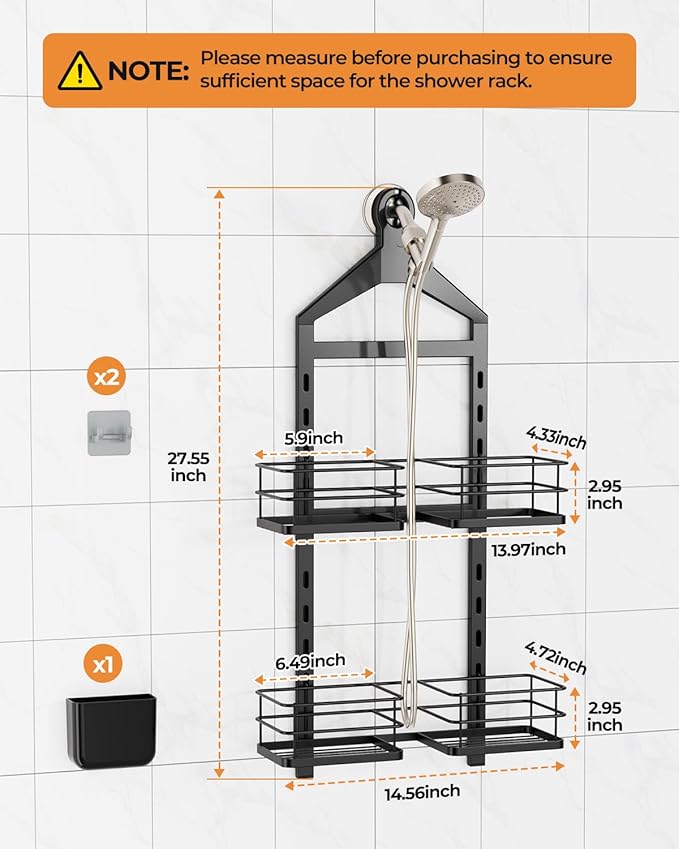 ODesign 2 Tier Height-Adjustable Shower Caddy Hanging Anti-Swing-Over The Shower Head Caddy Storage Organizer Bathroom Shelves Basket-Black - Image 2