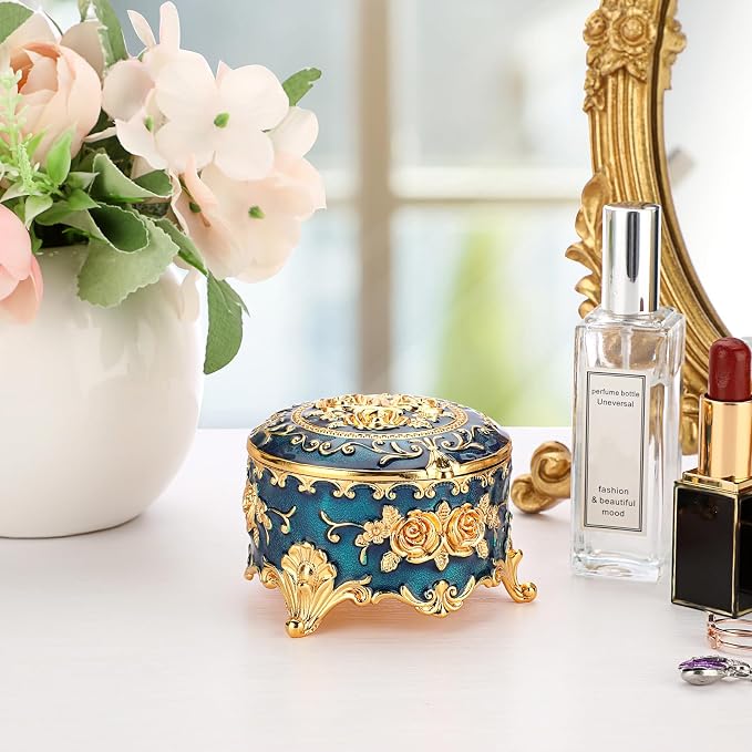 Hipiwe Antique Metal Jewelry Box Ring Earring Treasure Chest Case Small Trinket Box Round Jewelry Display Box Necklace Organizer Wedding Birthday Gift Home Decor, 3x3x2.4 inch - Image 7