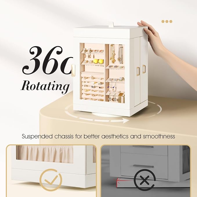 TidyStash 360° Rotating Jewelry Organizers and Storage, Large Jewelry Boxes for Women Necklace, Ring Earring Storage, Vertical Accessory Organizers and Storage, Cream White - Image 3