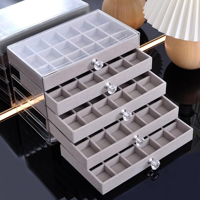 SPAKOWN Earring Box Holder Organizer Display Case, Clear Velvet Jewelry Storage Tray Organizer for Earring Ring Stud (Grey - 5 Drawers) - Image 2