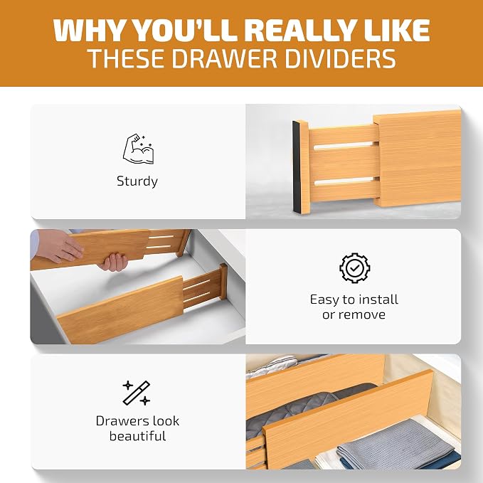 6-Pack Drawer Dividers - 6 Inches High, Adjustable 11 to 17 Inches Bamboo Drawer Organizers, Large Deep Expandable Separators for Clothes, Dresser, Bedroom, Bathroom, Baby , Office, Kitchen Utensils - Image 6