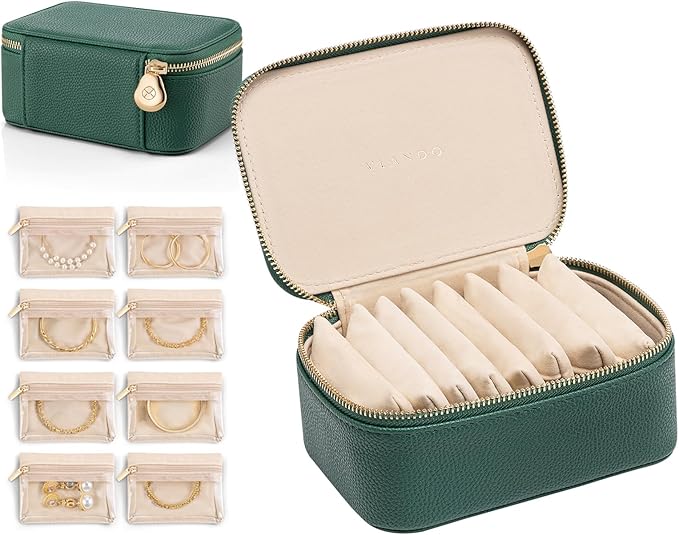 VLANDO Travel Jewelry Box Organizer – Portable PU Leather Jewelry Case with 6/8/12 Zippered Pouches, Compact Storage for Earrings Rings Necklaces Bracelets, Dark Green by VLANDO