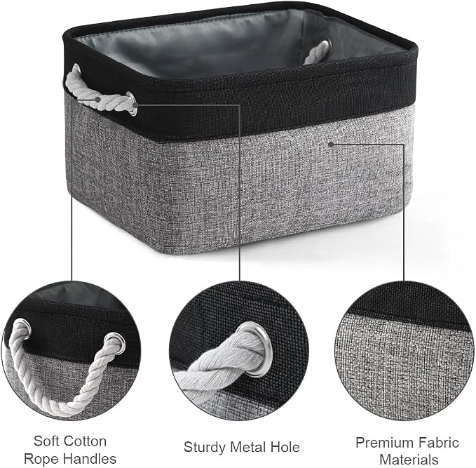 TheWarmHome Storage Basket for Organizing - 14x10x7 inch Medium 3 Pack Collapsible Storage Bin for Shelves with Rope, Fabric Storage Cubes for Organizer Cloth Gift Toy Closet (Black & Grey) - Image 6