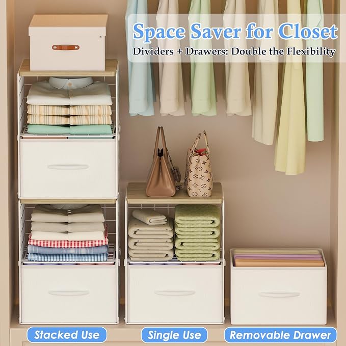 2 Pack Stackable Storage Drawers, Closet Organizers and Storage Shelves with Wooden Top & Adjustable Dividers, White Fabric Closet Drawer Organizer, Modular Storage Bins for Bedroom Wardrobe Apartment - Image 5