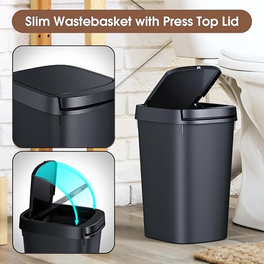 CEROELDA 3 Pack Bathroom Trash Can with Lid, 10L/2.6 Gal Small Garbage Can with Press Top Lid, Slim Plastic Waste Basket for Toilet, Office, Bedroom (Muti 1) - Image 4