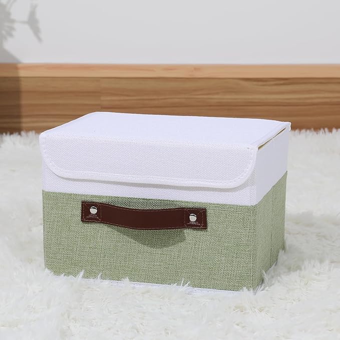ANMINY Storage Boxes with Lids Washable Decorative Storage Bins Basket with PU Leather Handle Foldable Linen Fabric Storage Cubes Containers for Home Closet Organizer - Green White, Small Size - Image 6