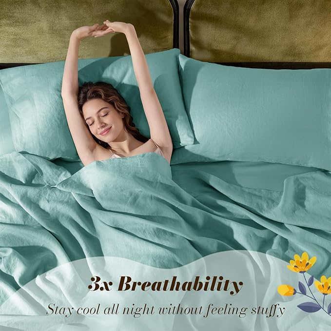 SONORO KATE 100% French Pure Linen Sheets, Breathable and Durable Linen King Size Sheets, Anti-Tear Linen Bed Sheets, Machine Washable, 16 Inch Deep Pocket - 4 Piece (Aqua, King)