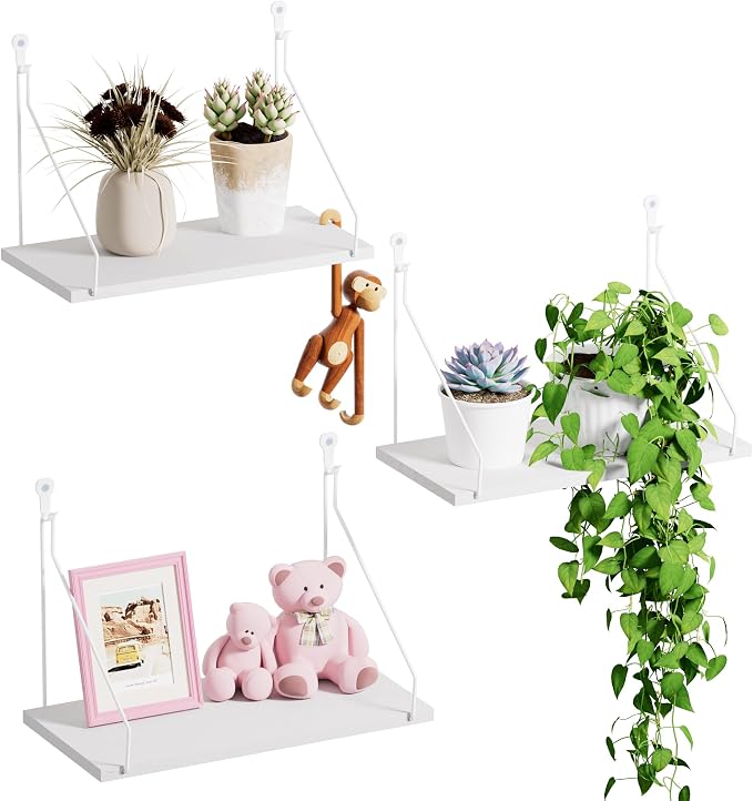 QsQueen Elevate Your Space with Rustic Wood Floating Shelves Set of 3- Perfect for Bedroom, Living Room, Bathroom, and Kitchen Decor - Easy Installation, No Drilling Needed! White by QsQueen