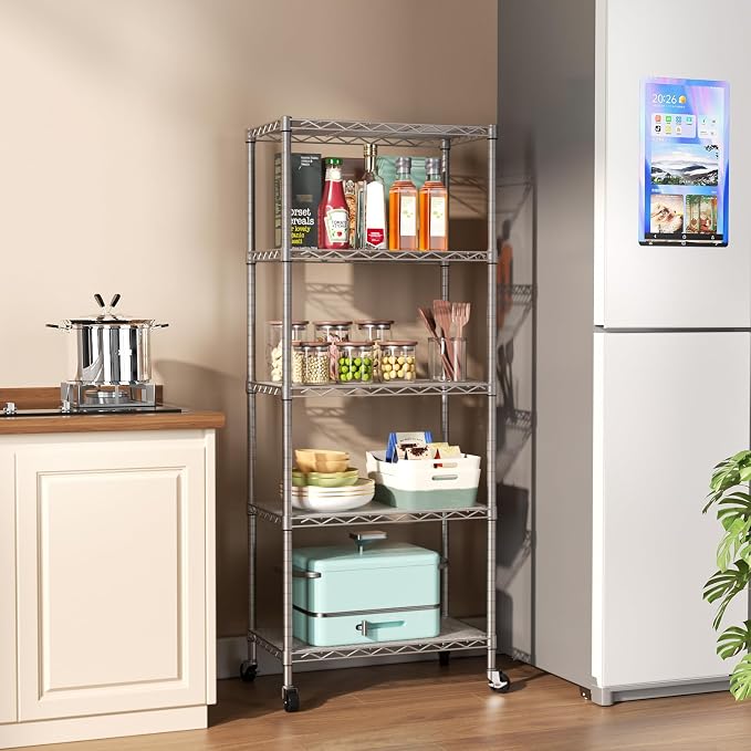 SINGAYE 5 Shelf Storage Wire Shelves Closet Bathroom Organizers Metal Pantry Kitchen Garage Shelving Unit Laundry Room Organization Home Narrow Rack Net Basket with Wheels Silver - Image 8