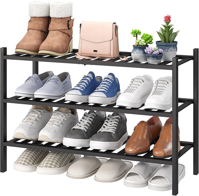 viewcare 3-Tier Black Bamboo Shoe Rack for Entryway, Stackable | Foldable | Natural, Shoe Shelf Storage Organizer for Hallway Closet, Free Standing Shoe Racks for Indoor Outdoor by VIEWCARE