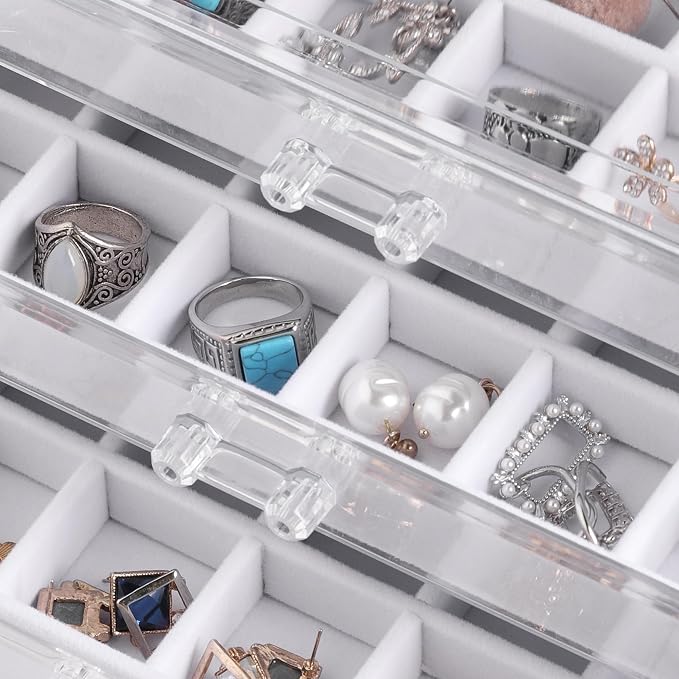 Frebeauty Acrylic Jewelry Organizer Earring Organizer Box with 5 Drawers Earring Holder Organizer with Velvet Trays Clear Jewelry Box for Women Earring Display for Rings Studs(White) - Image 4