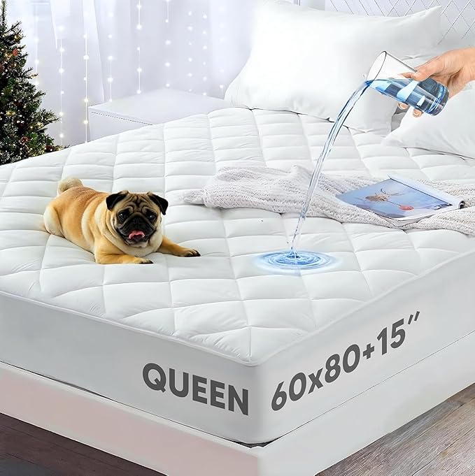 Padded Queen Mattress Protector, Breathable Waterproof Mattress Pad Cover Fitted Deep Pocket 8"-15", Soft Noiseless Mattress Cover Washable Cooling for Home Hotel Bedroom, White