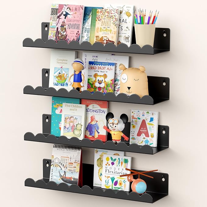 Nursery Book Shelves, 17 Inch Metal Floating Shelves for Wall 4 Pack, Scalloped Shelves, Wall Mounted Book Shelf for Kids Bedroom, Baby Room, Nursery Decor （Black） by Gattlukd