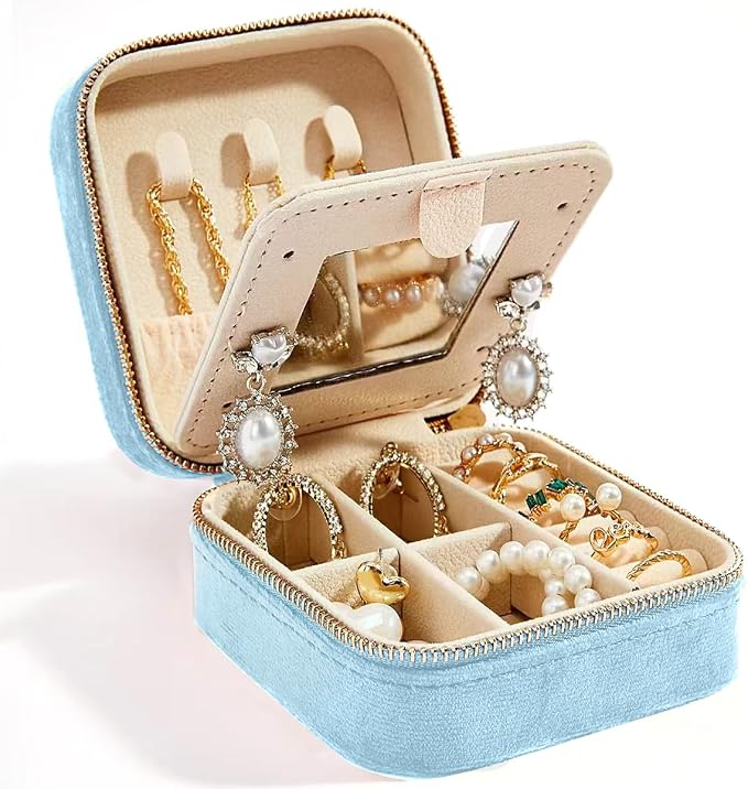 Smileshe Travel Jewelry Box with Mirror, Velvet Mini Case for Women Girls, Small Portable Gifts Organizer Boxes for Rings, Earrings, Necklaces, Bracelets by SMILESHE