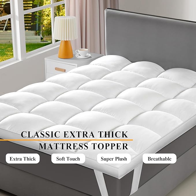 Extra Thick Fitted Mattress Topper - King Size | Soft & Cooling Pillow Top Mattress Pad & Protector | Bed Topper for Back Pain, Straps Stretch 6" to 22" Deep