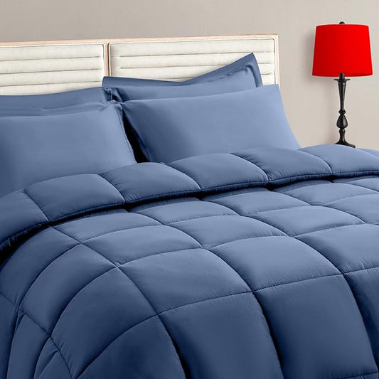 TAIMIT Slate Blue King Comforter Set - 7 Pieces, Bed in a Bag Bedding Sets with All Season Soft Quilted Warm Fluffy Comforter,Flat Sheet,Fitted Sheet,2 Pillow Shams,2 Pillowcases