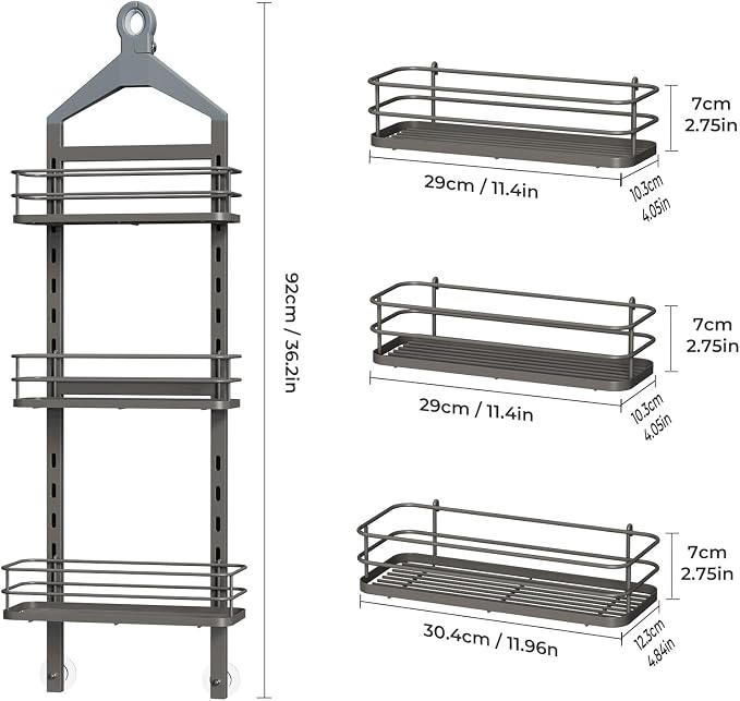 ODesign 3 Tier Height-Adjustable Shower Caddy Hanging Anti-Swing-Over The Shower Head Caddy-Showe r Storage Organizer Bathroom Shelves Basket Caddies-Grey - Image 9