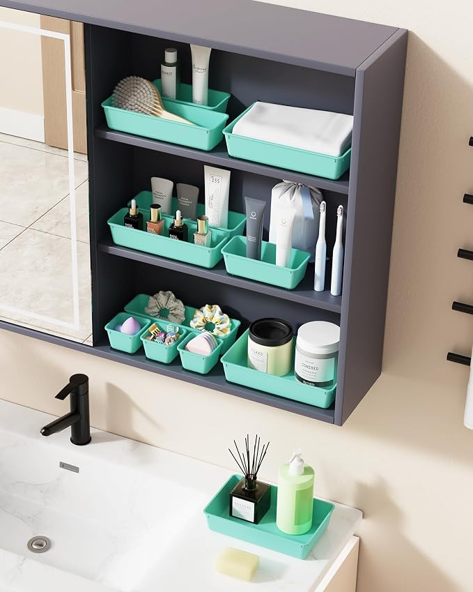 BiuLeon 25 PCS Plastic Drawer Organizers Set, 4-Sizes Vanity and Makeup Organizer, Desk and bathroom Drawer Organizer Trays, Organizers and Storage for Makeup, Jewelry, Gadgets, Utensils (Blue) - Image 6