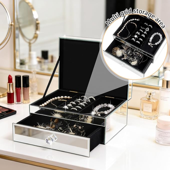 2 Layer Mirror Glass Jewelry Box with Crushed Diamond Decor, Velvet-Lined Trinket Organizer for Rings Earrings Necklaces Bracelets - Elegant Treasure Chest Storage Case for Women Girls - Image 5