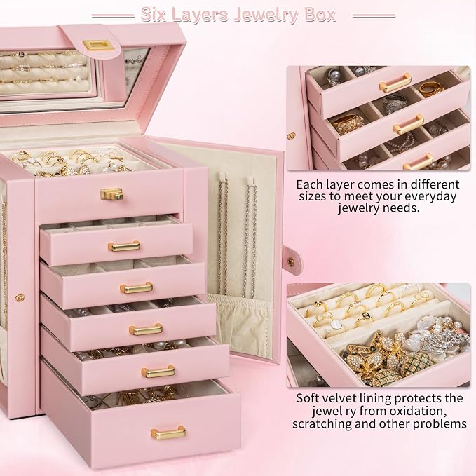 AKOZLIN Large Jewelry Box Organizer Functional with Big Mirror, Leather Jewelry Storage Case for Women Girls Ring Necklace Earring Bracelet Holder Organizer - Image 2