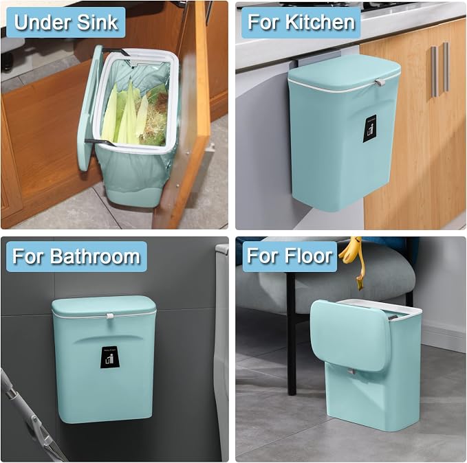 Tiyafuro 2.4 Gallon Kitchen Compost Bin for Counter Top or Under Sink, Hanging Small Trash Can with Lid for Cupboard/Bathroom/Bedroom/Office/Camping, Mountable Indoor Compost Bucket (Blue) - Image 6