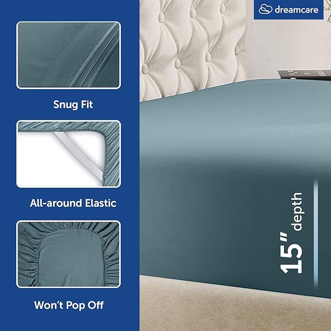 DREAMCARE King Size Sheets Set - 6 pcs Breathable Cooling Bed Sheets - up to 15" Deep Pocket King Sheet Set with Side Pockets - Extra Soft 100% Brushed Hypoallergenic Hotel Luxury Bedding - M Blue