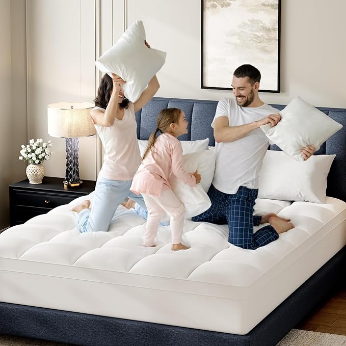 Topllen Queen Mattress Topper for Back Pain Relief – Extra Thick Pillow Top Plush Mattress Pad with Deep Pocket, Soft Pillowtop Queen Size Bed Toppers Filled Fluffy Down Alternative, White