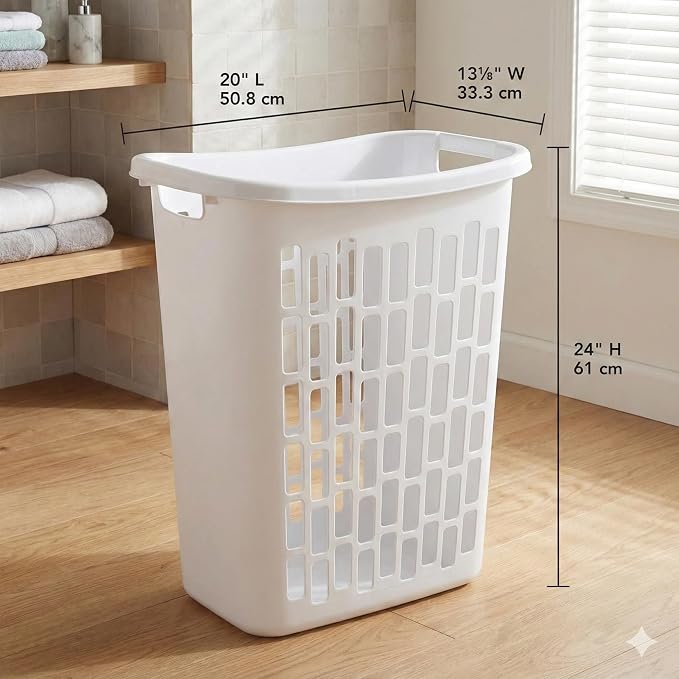 Bushel Laundry Hamper, Slim Rectangular Ventilated Plastic Clothes Basket, Heavy Duty Washing Bin With Reinforced Handles for Bathroom, Dorm, and Closet Organization, White, 1 Pack - Image 2