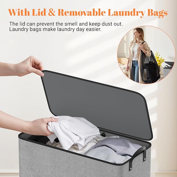 Large Double Laundry Hamper with Lid, Removable Bags & Reinforced Handles, 2 Section Tall Laundry Basket, Dirty Clothes Hampers for Laundry Room, Bedroom, Bathroom, Dorm, 155L, Gray - Image 6