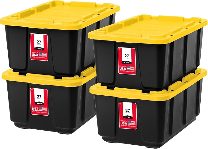 IRIS USA 4-Pack 27 Gallon Storage Bins with Lids |Made in USA| Heavy Duty Plastic Tote Containers for Truckbed Tool Box Organization, Large - Black/Yellow by IRISUSA