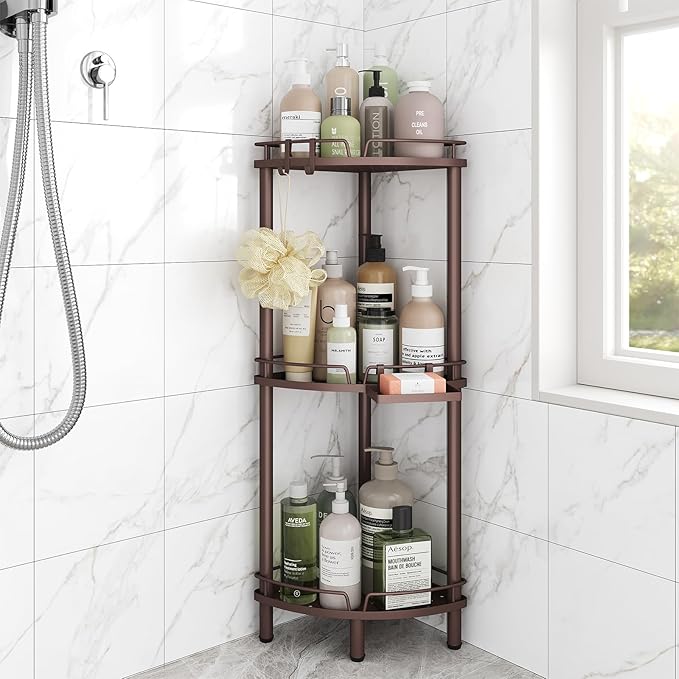ELYKEN Corner Shower Caddy Standing, 3 Tier Rustproof Metal Shower Organizer with Soap Holder, Floor Shower Corner Shelf Rack Storage Stands with Adjustable Feet & 2 Hooks for Bathroom, Bronze by ELYKEN