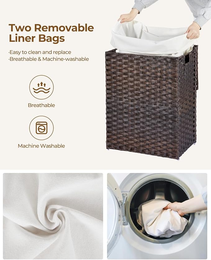 Greenstell Laundry Hamper with Lid, 90L Clothes Hamper with 2 Removable Liner Bags & 2 Mesh Laundry Bags, Handwoven Synthetic Rattan Laundry Basket for Clothes, Toys in Bathroom, Bedroom Brown - Image 4