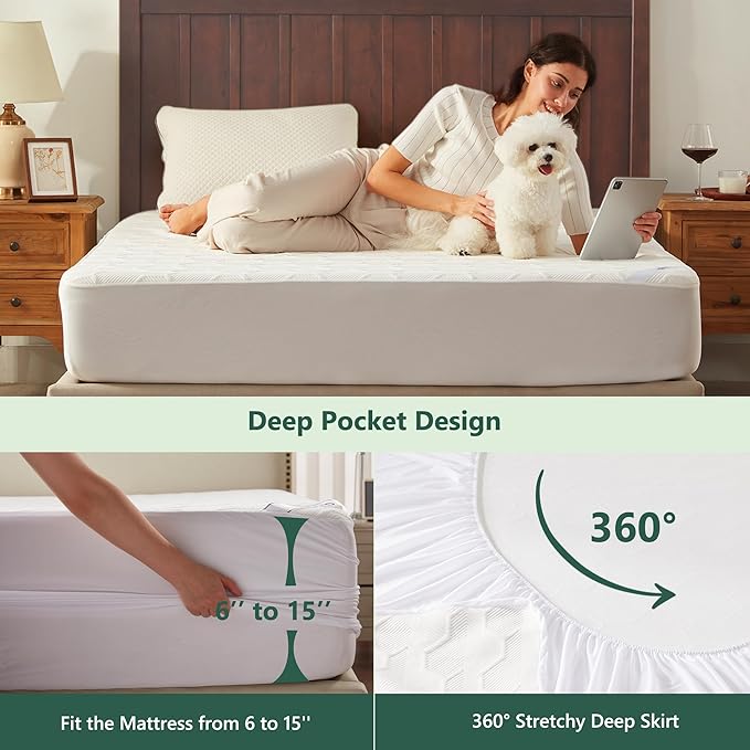 Cal King Size Waterproof Mattress Protector, 40% Rayon Derived from Bamboo Cooling Mattress Pad Cover, 3D Air Fabric Breathable Mattress Pad Fitted with Deep Pocket 6"- 15" Machine Washable