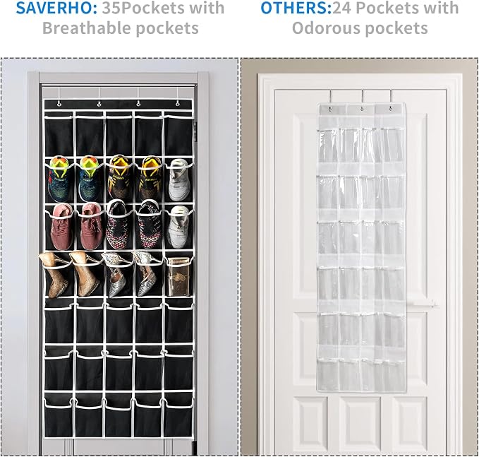 SAVERHO 35 Pockets Over the Door Shoe Organizer, Hanging Shoe Organizer for Door with 35 Mesh Pockets Large Capacity Shoe Hanging Storage Bag with 4 Metal Hooks (Black-1Pack) - Image 4