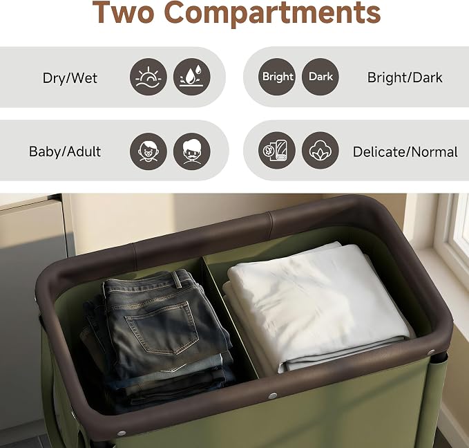StorageWorks Laundry Hamper 2 Section, 100L Rolling Laundry Sorter Cart with Removable and Washable Liner Bag, Clothes Hamper with Wheels and Handle for Laundry Room and Bedroom, Green - Image 2