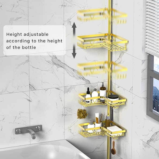 KEGII Corner Gold Shower Caddy Tension Pole - 4-Tier Rustproof Shower Rod Organizer, Floor to Ceiling Tension Rod 25-114.2 inch, Stainless Steel Corner Shower Shelf, Waterproof - Image 2